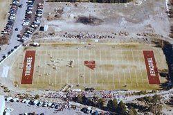 Aerial view of a Truckee track and field with fresh markings.