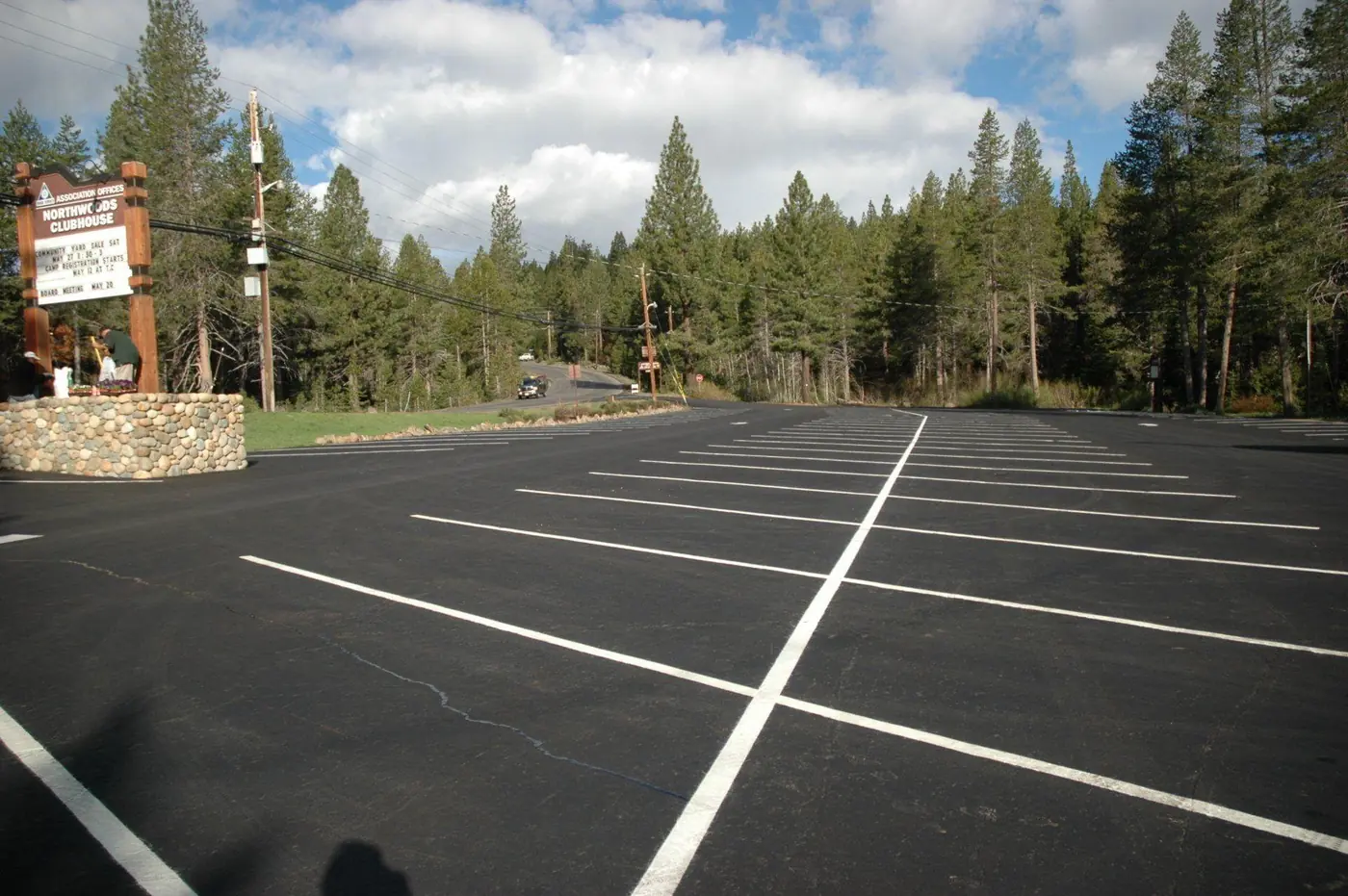 Freshly sealcoated and striped lot at Northwoods Clubhouse, Truckee.