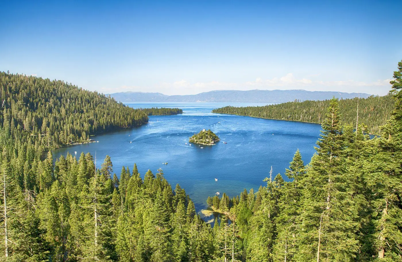 Emerald Bay on Lake Tahoe ringed by Sierra pines.